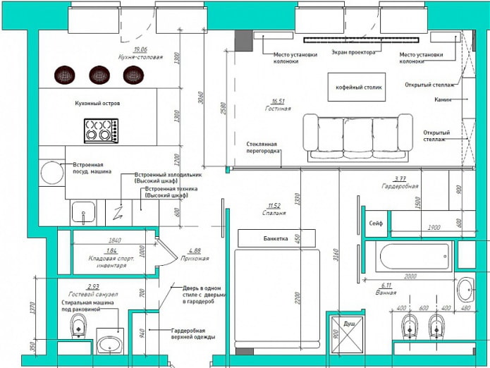 la disposition de l'appartement est de 67 m². m.