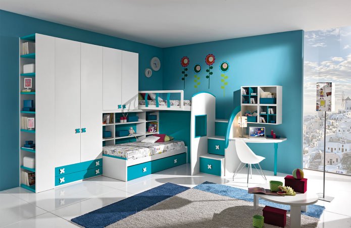 chambre d'enfant blanc et turquoise