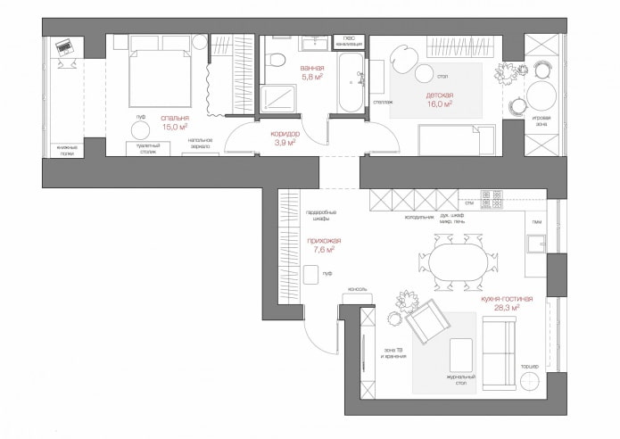 agencement d'un trois pièces 80 m². m. avec agencement de meubles