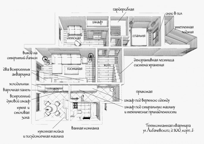 Aménagement avec agencement de meubles pour un appartement de 3 pièces dans une maison de la série P-3