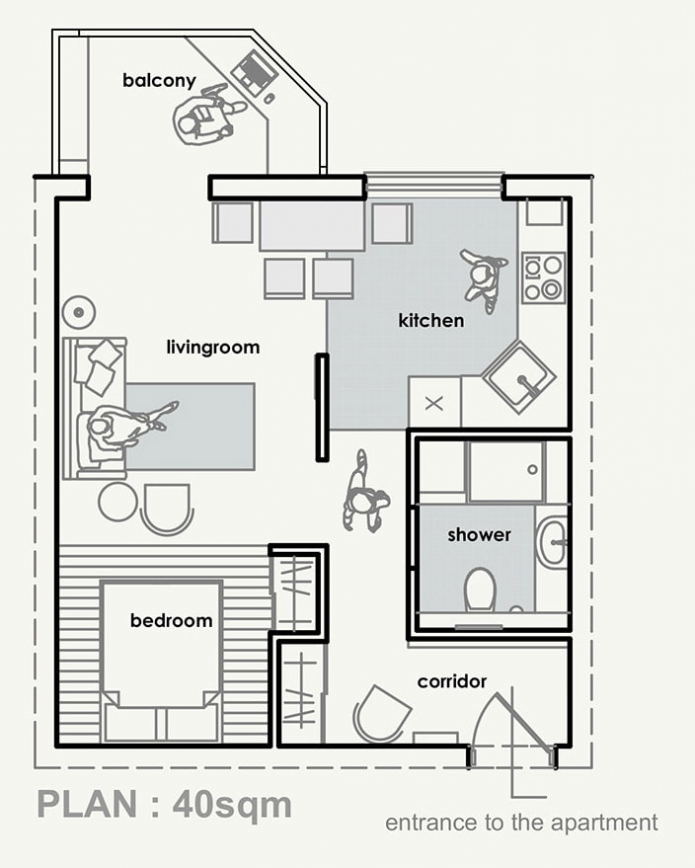 la disposition de l'appartement est de 40 m². m.