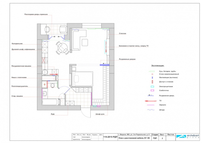 stúdió apartman elrendezése 50 nm.