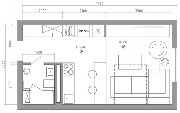 agencement du studio 29 m². m.