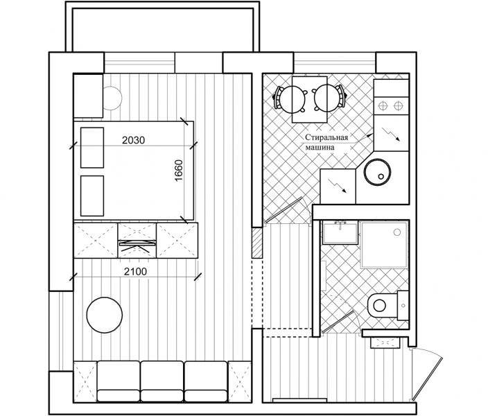 แผนผังห้องหัวมุมห้องสตูดิโอขนาด 32 ตร.ม. เมตร