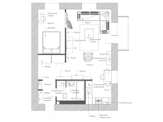 stúdió apartman elrendezése 56 nm. m.