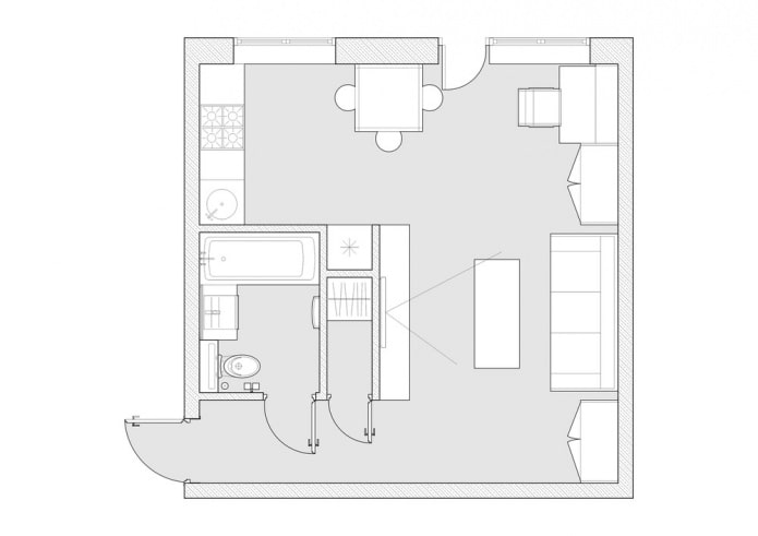 disposition d'un appartement d'une pièce-Khrouchtchev 30 m². m.