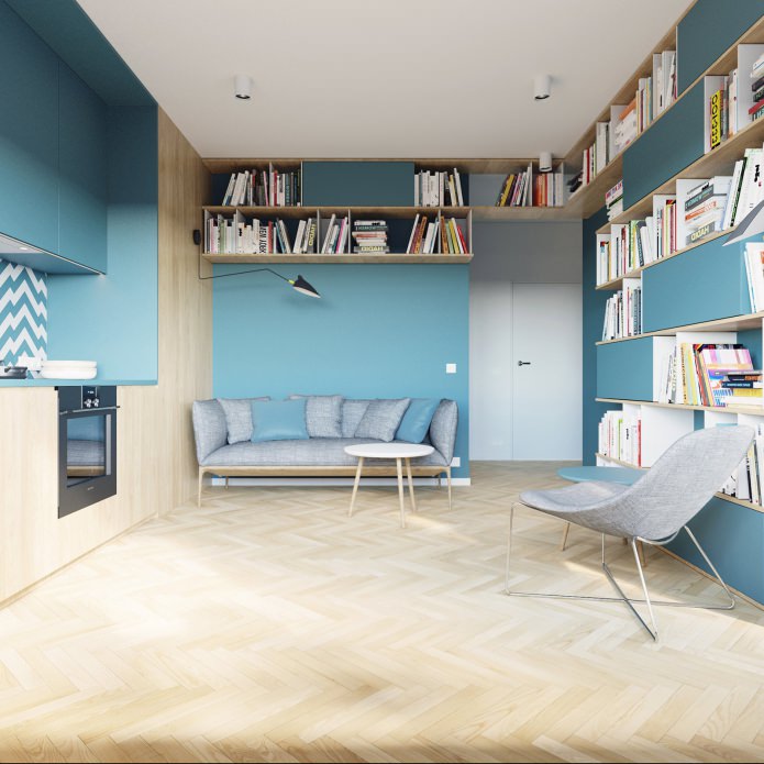 conception d'un studio de 40 m². m. dans les couleurs blanc et turquoise