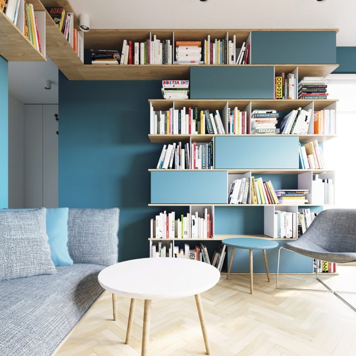 conception d'un studio de 40 m². m. dans les couleurs blanc et turquoise