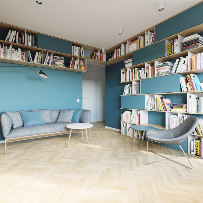 conception d'un studio de 40 m². m. dans les couleurs blanc et turquoise