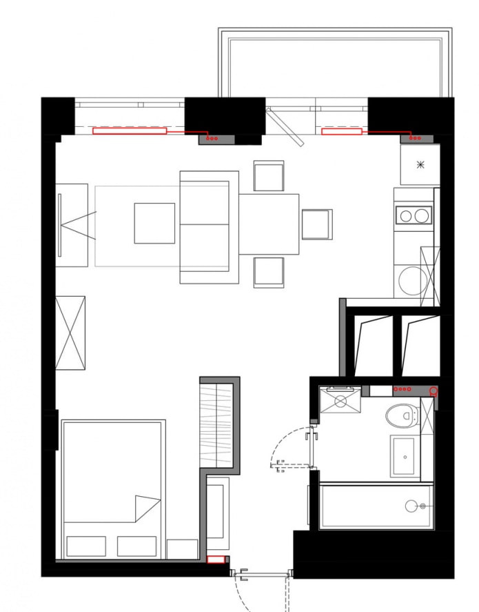 Stúdió apartman elrendezése 33 nm. m.