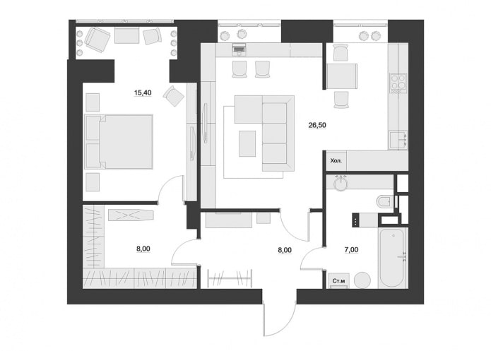 La disposition de l'appartement est de 65 m². m.