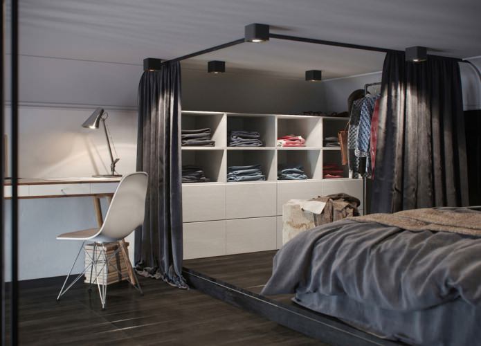 intérieur de chambre dans un studio avec de hauts plafonds