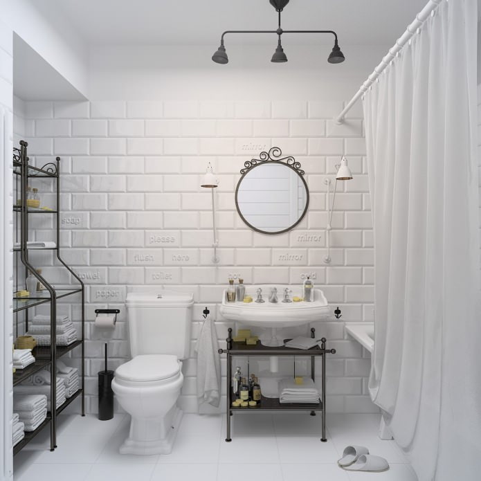 salle de bain en blanc avec des carreaux de briques