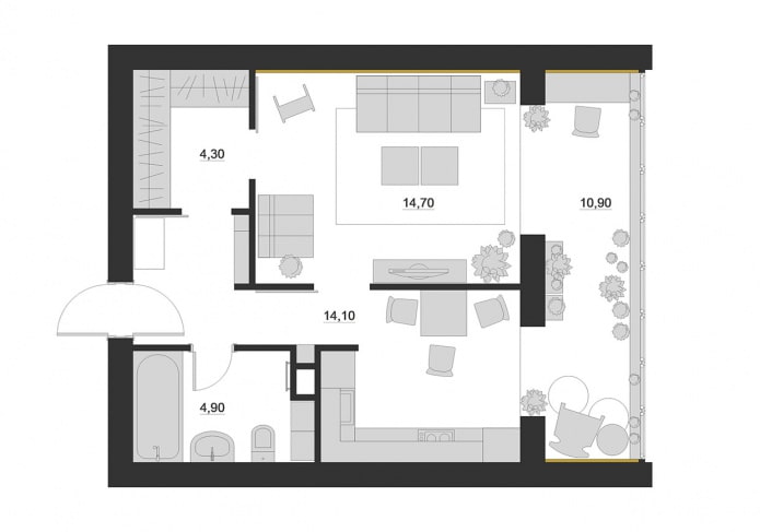 Loggiás egyszobás apartman elrendezése