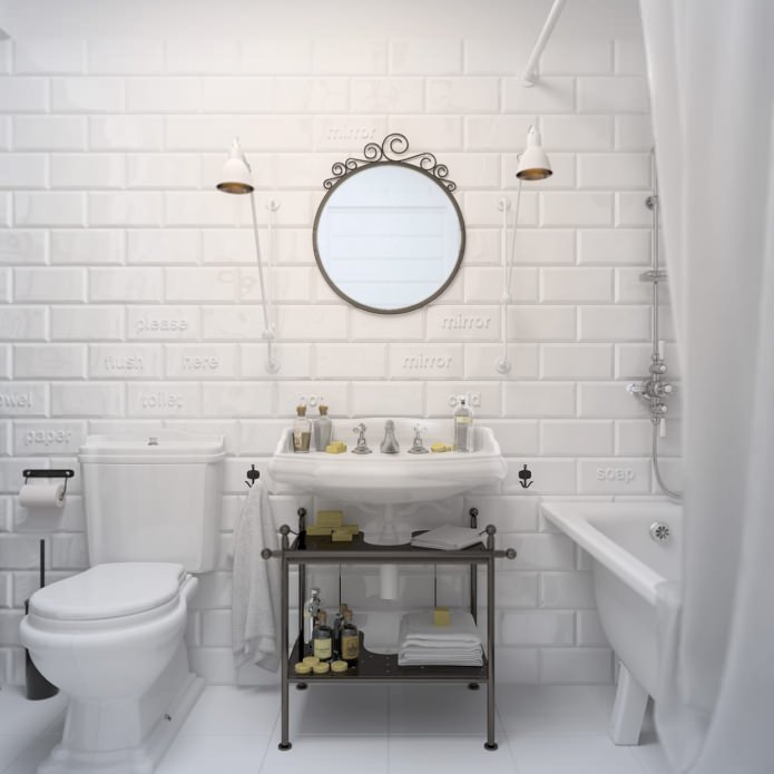 salle de bain en blanc avec des carreaux de briques