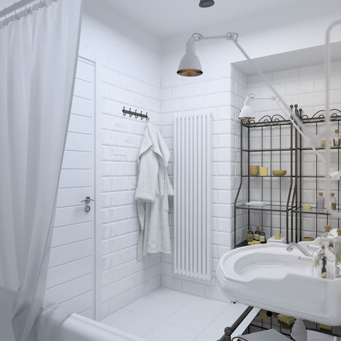 salle de bain en blanc avec des carreaux de briques