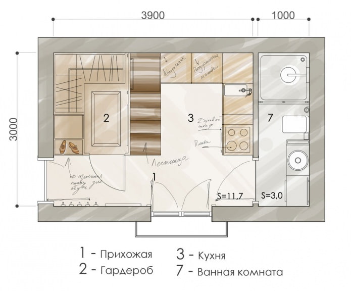 La disposition de l'appartement est de 15 m². m.