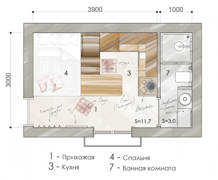 La disposition de l'appartement est de 15 m². m.