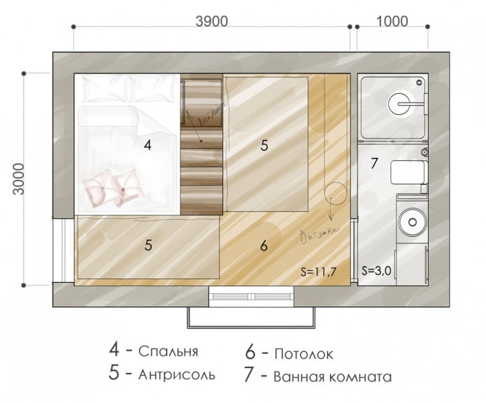 A lakás alapterülete 15 négyzetméter. m.