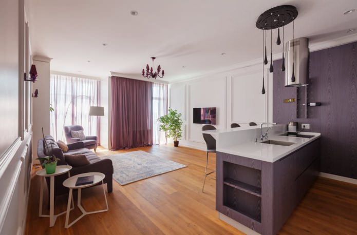 intérieur cuisine-salon avec différentes couleurs de mur