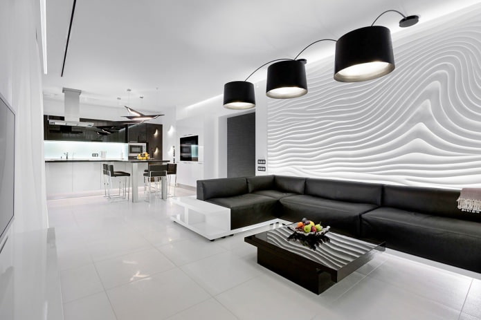 design d'intérieur noir et blanc de la cuisine-salon