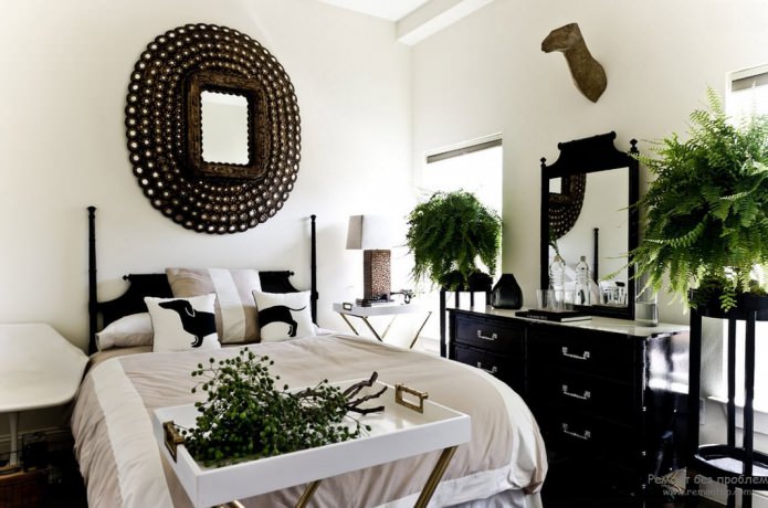 intérieur de chambre noir et blanc avec ajout de vert