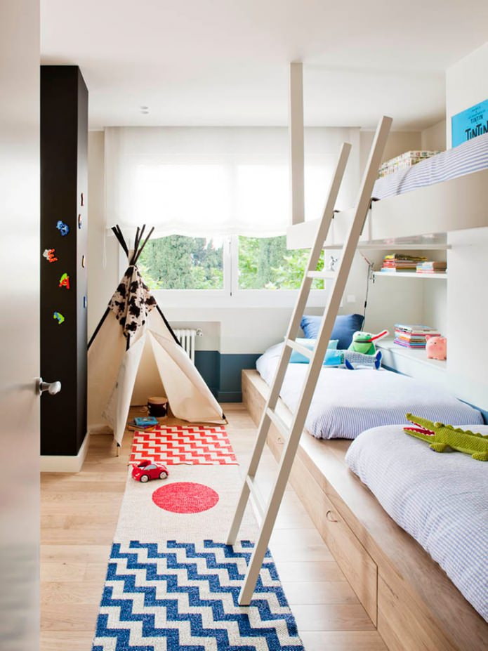 Chambre de style scandinave pour trois enfants