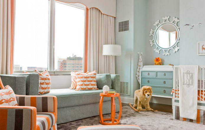 Intérieur orange et bleu de la pépinière dans un style moderne