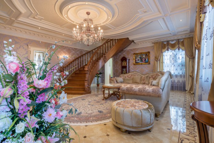 salon avec escalier en bois