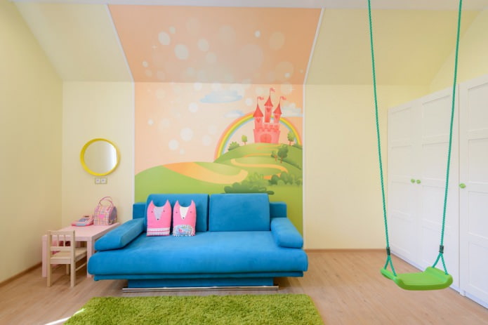 intérieur de la chambre des enfants de la fille avec papier peint photo