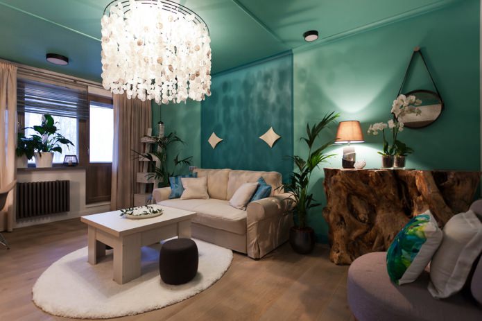 Salon beige et turquoise