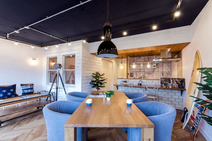 plafond bleu style loft