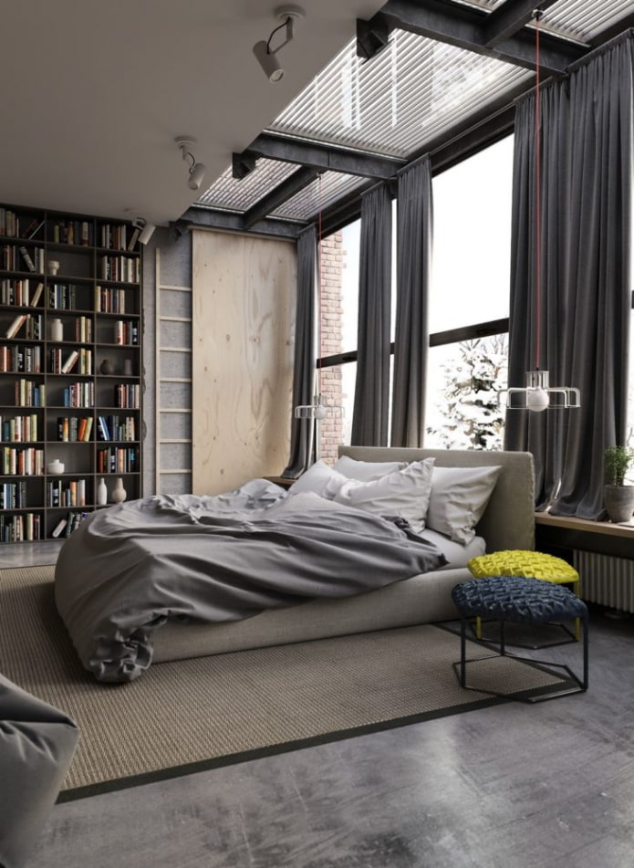 rideaux dans la chambre dans le style loft