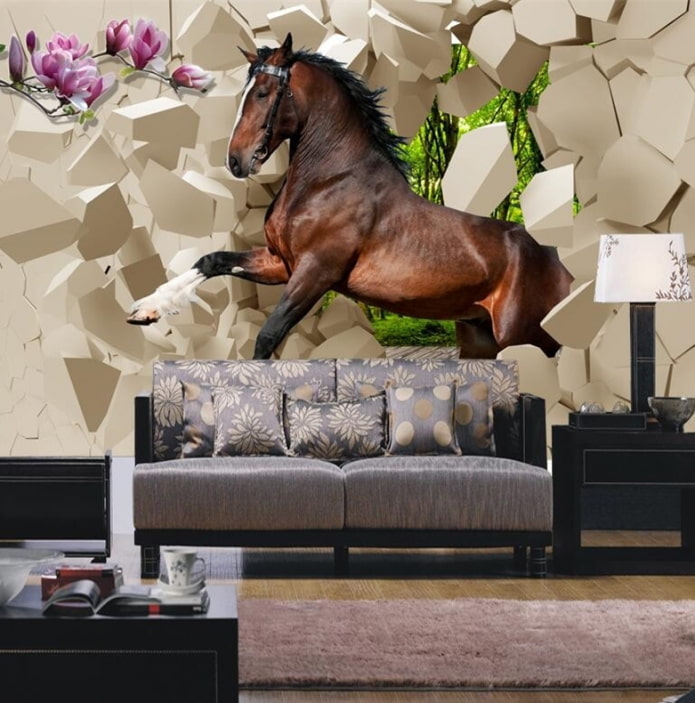 fond d'écran 3d avec un cheval à l'intérieur du salon