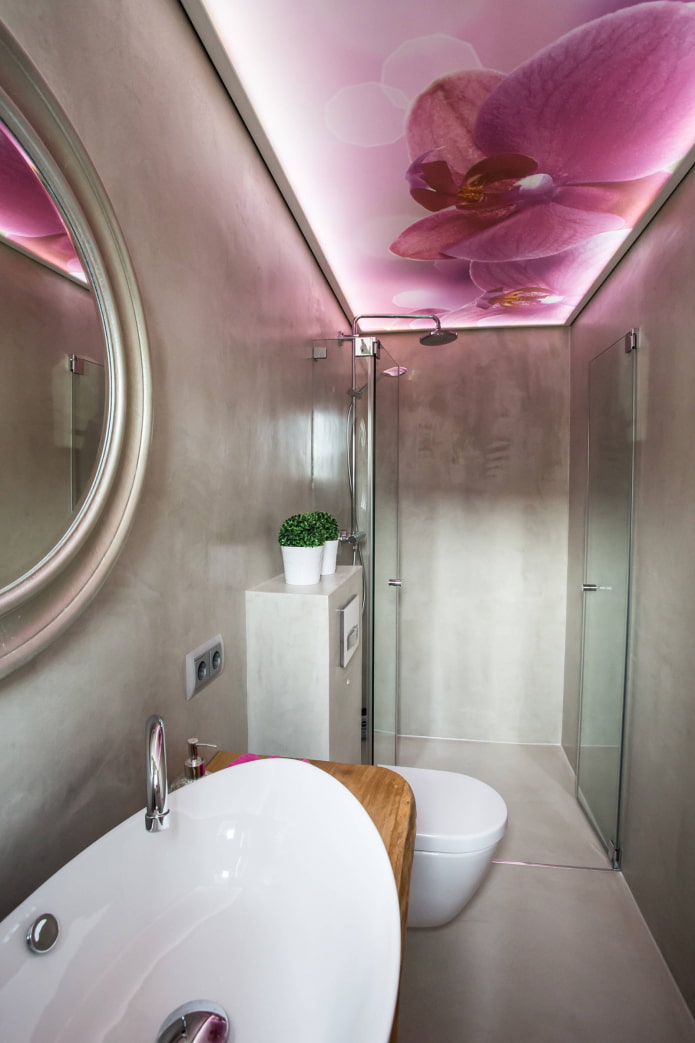 plafond avec une photo d'orchidées dans la salle de bain