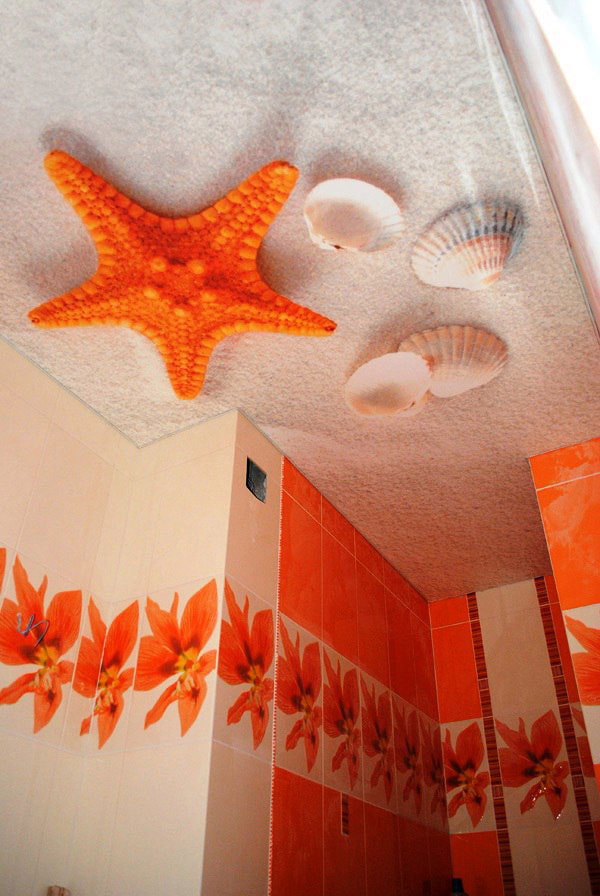 plafond avec une photo de la plage dans la salle de bain