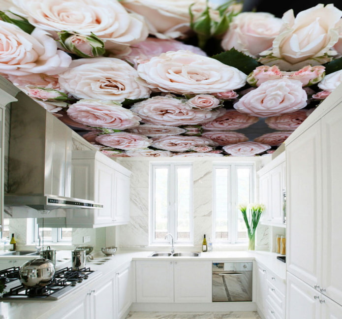 plafond avec une photo de fleurs dans la cuisine