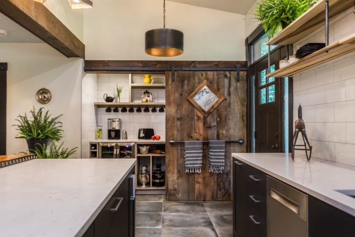 porte en planches dans une cuisine de style loft