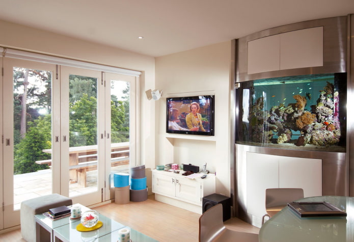 TV dans une niche avec un aquarium à l'intérieur