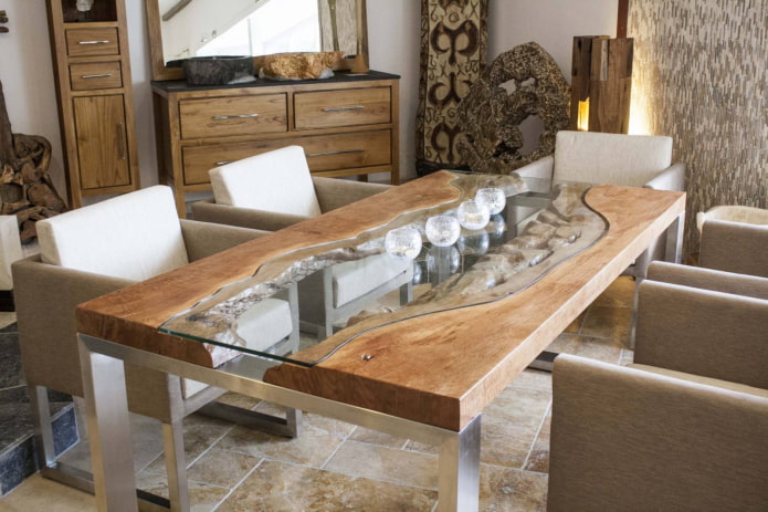 table en verre et bois