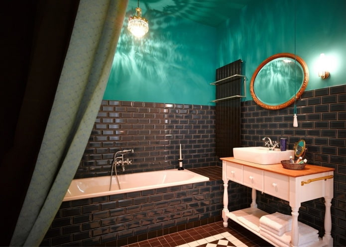 salle de bain noir et turquoise