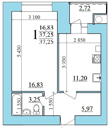 Lugar ng apartment na 37 sq m