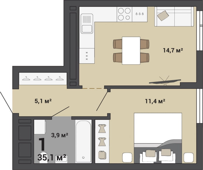 La disposition de l'appartement est de 35 m². m.