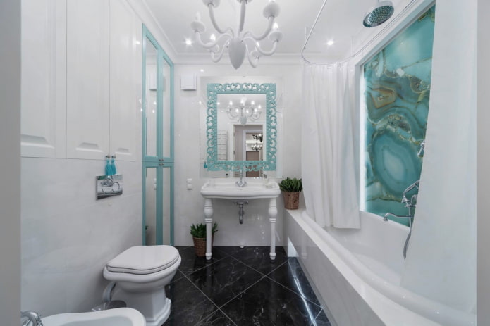 intérieur de salle de bain aux couleurs blanc et turquoise