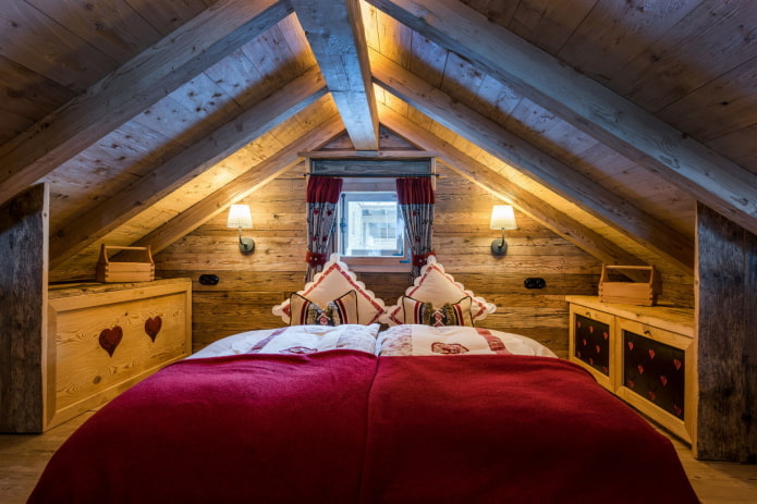 intérieur de chambre à coucher loft de style chalet