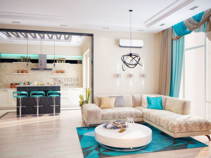 intérieur du salon dans les tons turquoise-beige