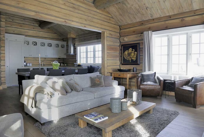 Intérieur de maison en rondins de style scandinave