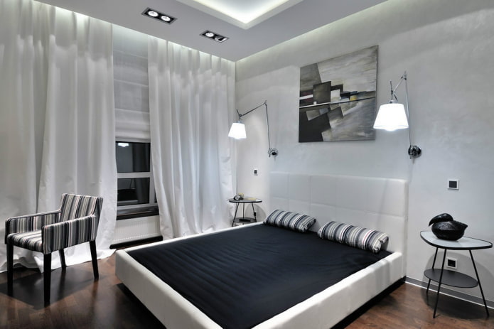 décoration et éclairage de la chambre en noir et blanc