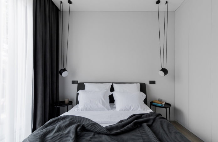 décoration et éclairage de la chambre en noir et blanc