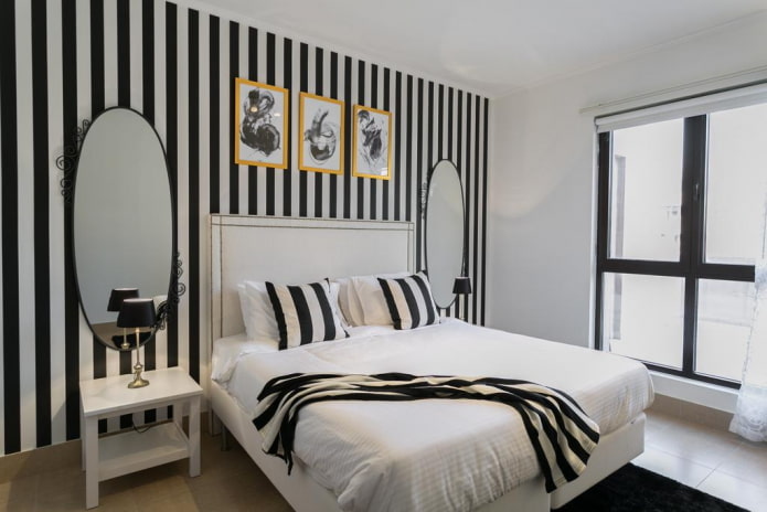 décoration et éclairage de la chambre en noir et blanc